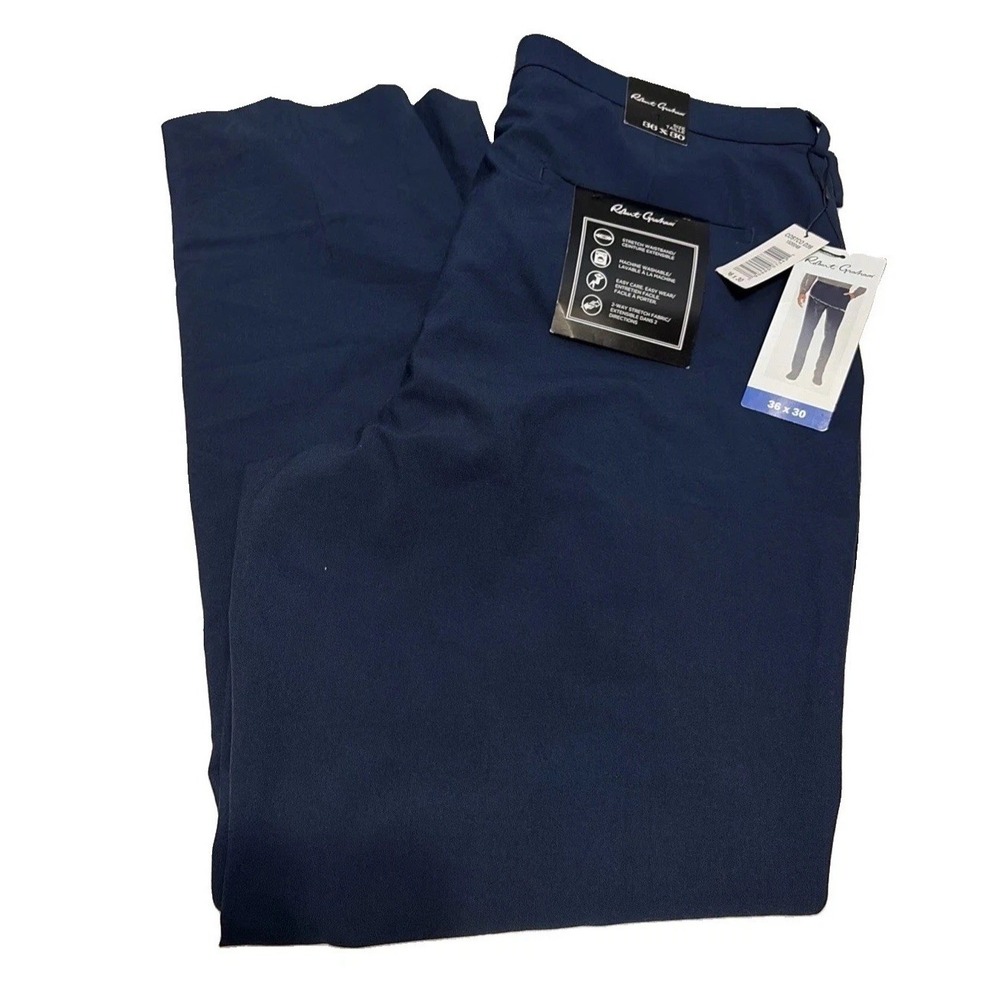 NWT Robert Graham Blue Flat Front Dress Pants Mens 36x30 Stretch Easy Care